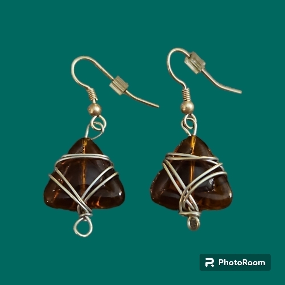 3/$30 HANDMADE Brown Glass Triangle Wire Wrapped Beaded Dangle Hook Earrings
